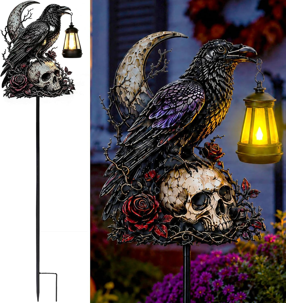 Halloween Garden Decorations Outdoor, Crow Skull Solar Garden Stake with Lant...