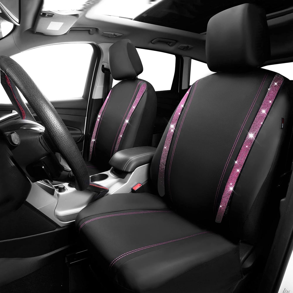 CAR PASS Leather Bling Diamond Car Seat Covers 2 Front Interior Sets, Waterpr...