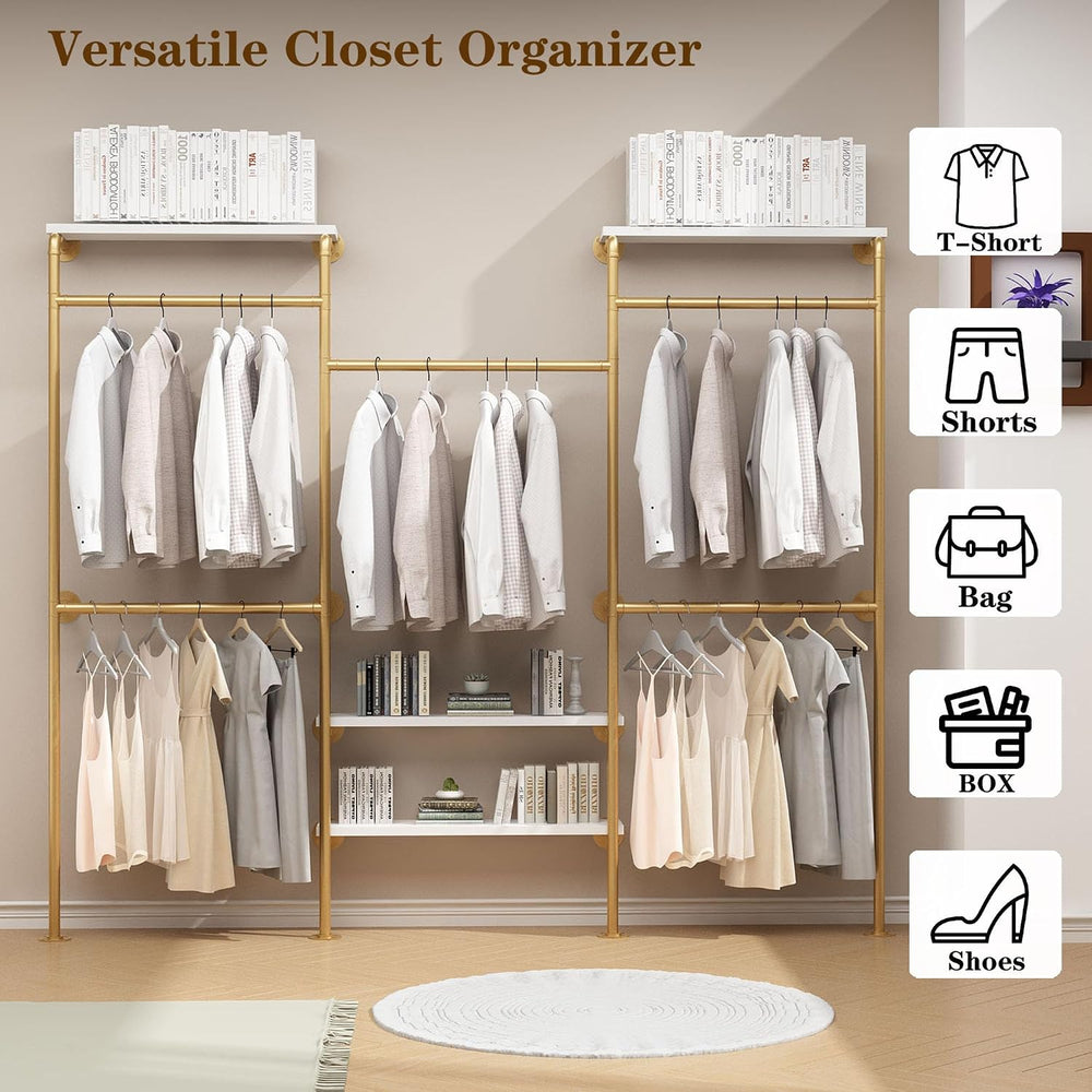 HOMEKAYT Industrial Pipe Clothes Rack with Shelves, Gold Clothing Rack Wall M...