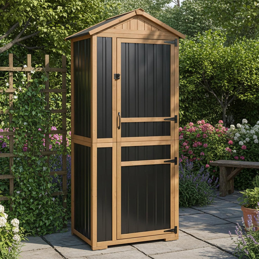 Outdoor Storage Cabinet, Wood & Metal Garden Shed with Waterproof Asphalt...