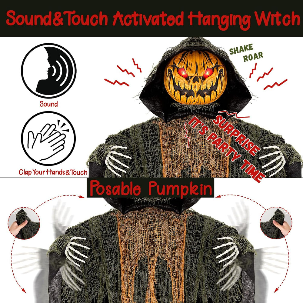 59โ Halloween Hanging Animatronics Pumpkin Decoration with Sound Activated