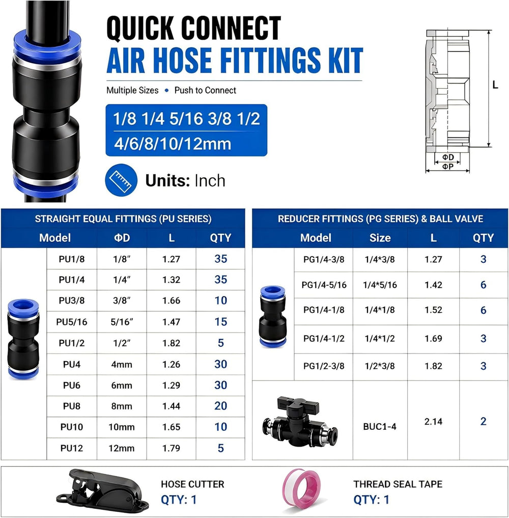 220PCS Quick Connect Air Hose Fittings,Straight Union & Reducer Fittings