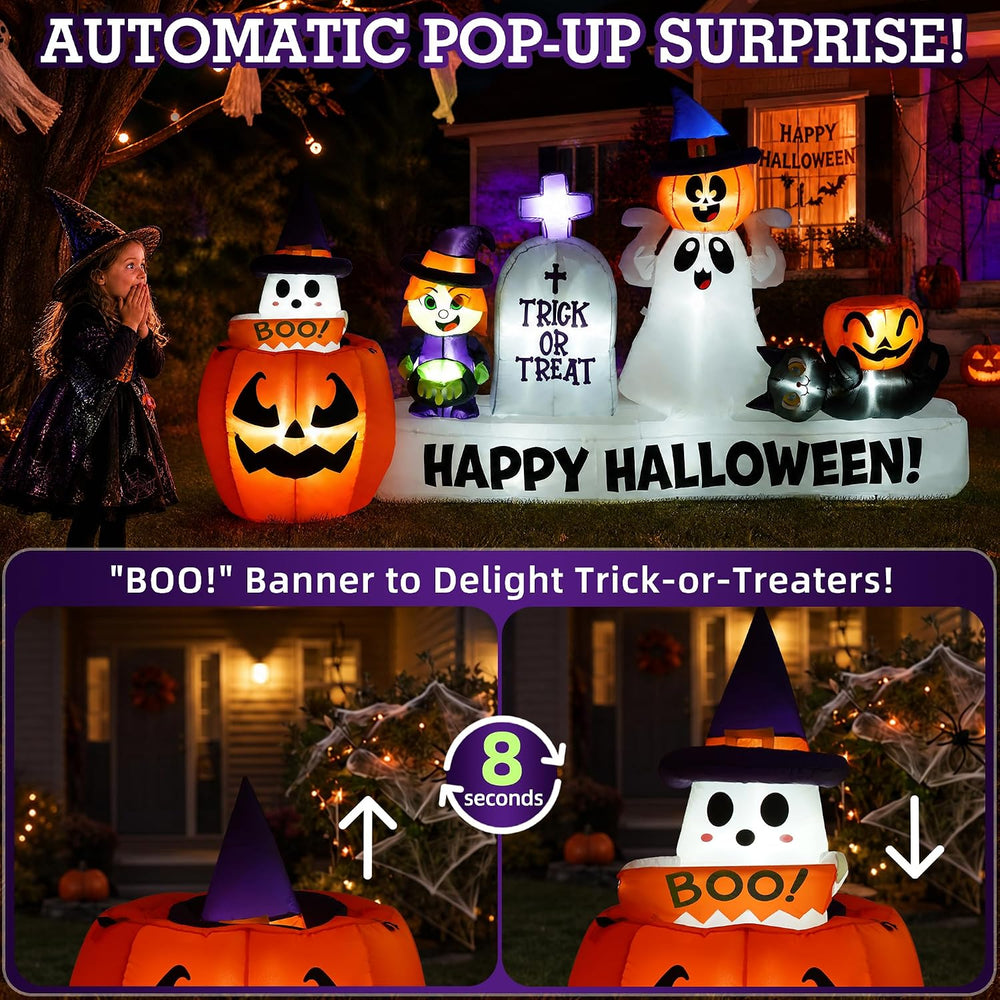 9 FT Long Halloween Animated Ghost Pumpkin Witch Tombstone Cat Inflatables