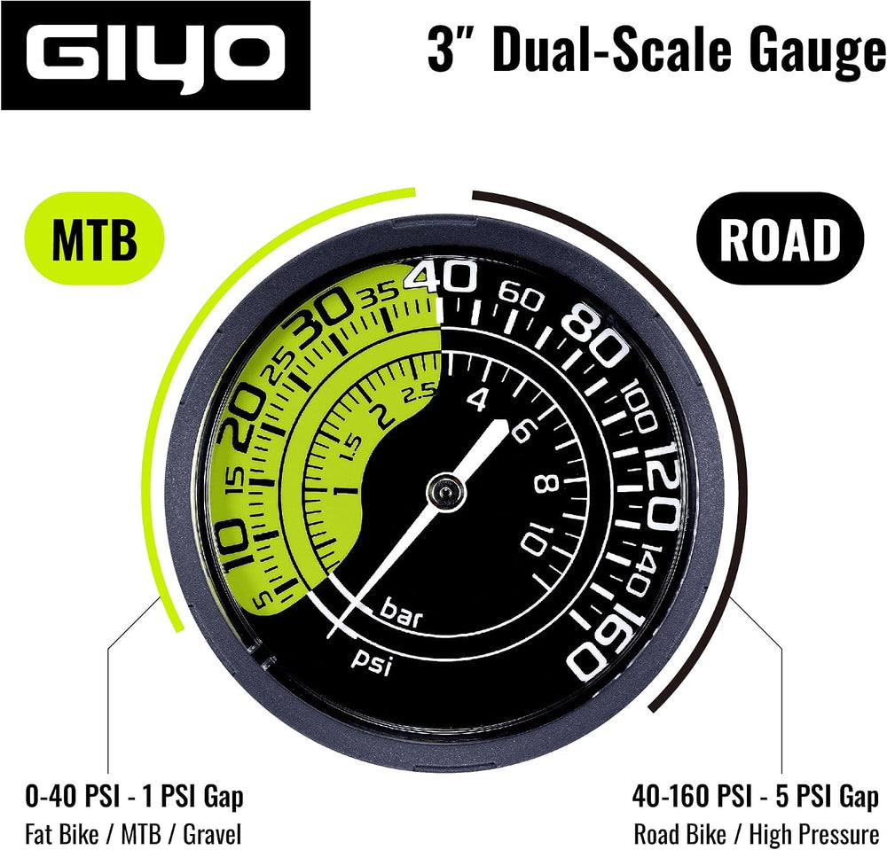 GIYO Bike Floor Pump - 3" Dual Scale Gauge - Road & MTB | One Handed...
