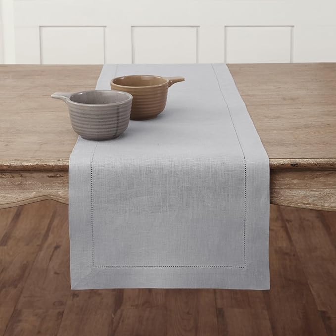 Solino Home Linen Soft Grey Table Runner 48 Inches - Classic Hemstitch, 100% ...