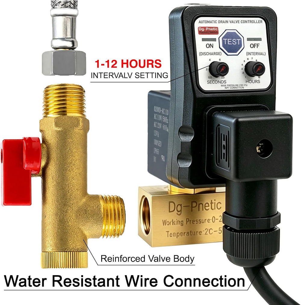 Compressor auto drain timer valve, 1/4, 3/8, 1/2 air tank outlet compatible