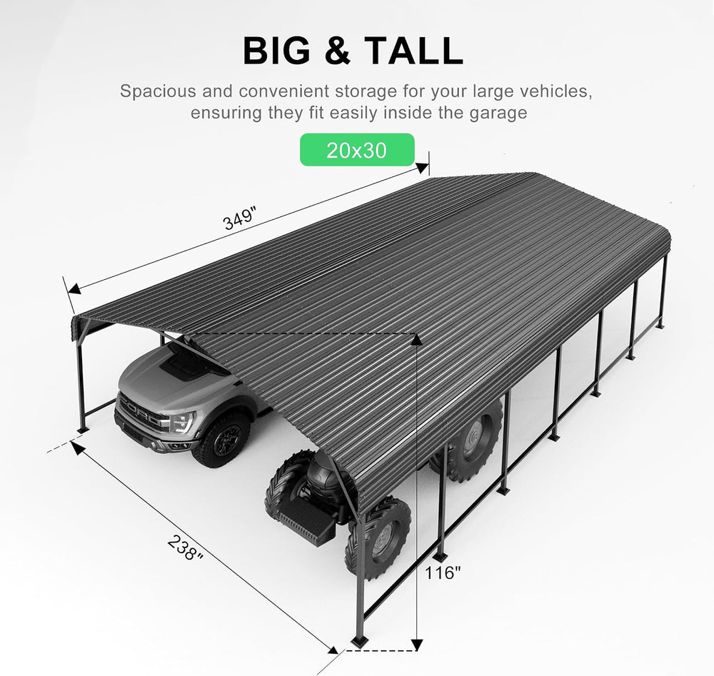 20x30 Heavy-Duty Metal Carport, Galvanized Steel Shelter for Pickup Trucks, B...