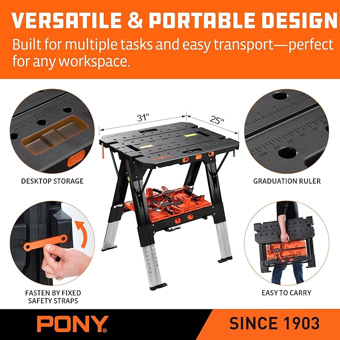 Pony Portable Folding Work Table, 2-in-1 as Sawhorse & Workbench, 31” W×25”