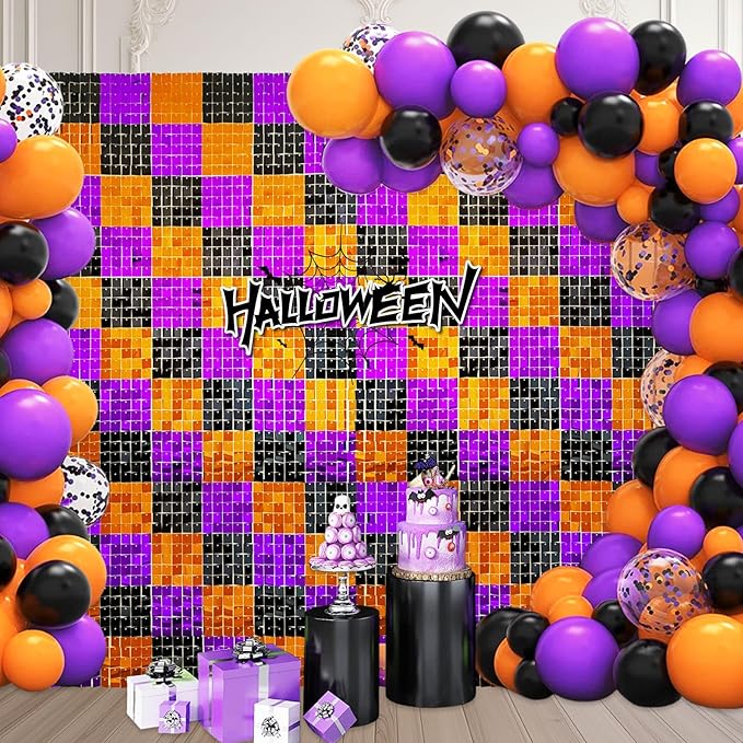24PCS Black Orange Purple Shimmer Wall Backdrop, Halloween Square Sequin Phot...