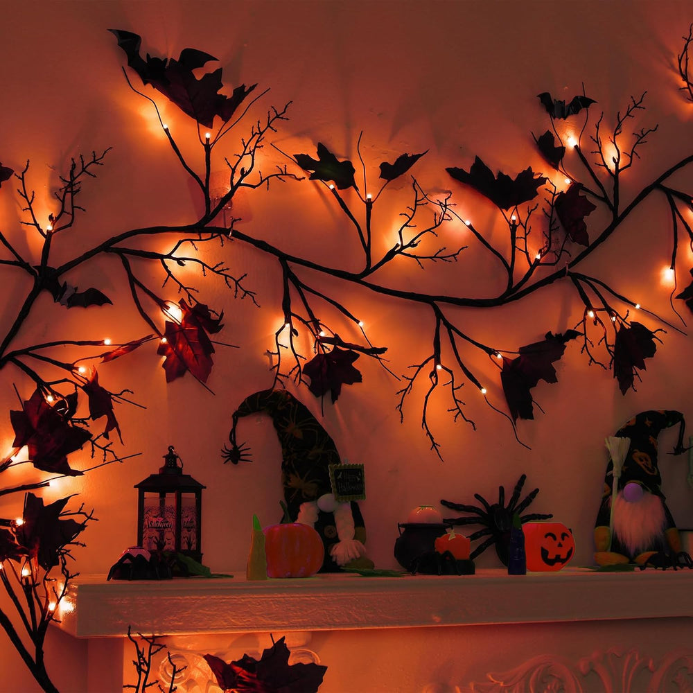FLYSNK 9 FT 72 LED Halloween Willow Vine Twig Decorations With Orange Lights ...