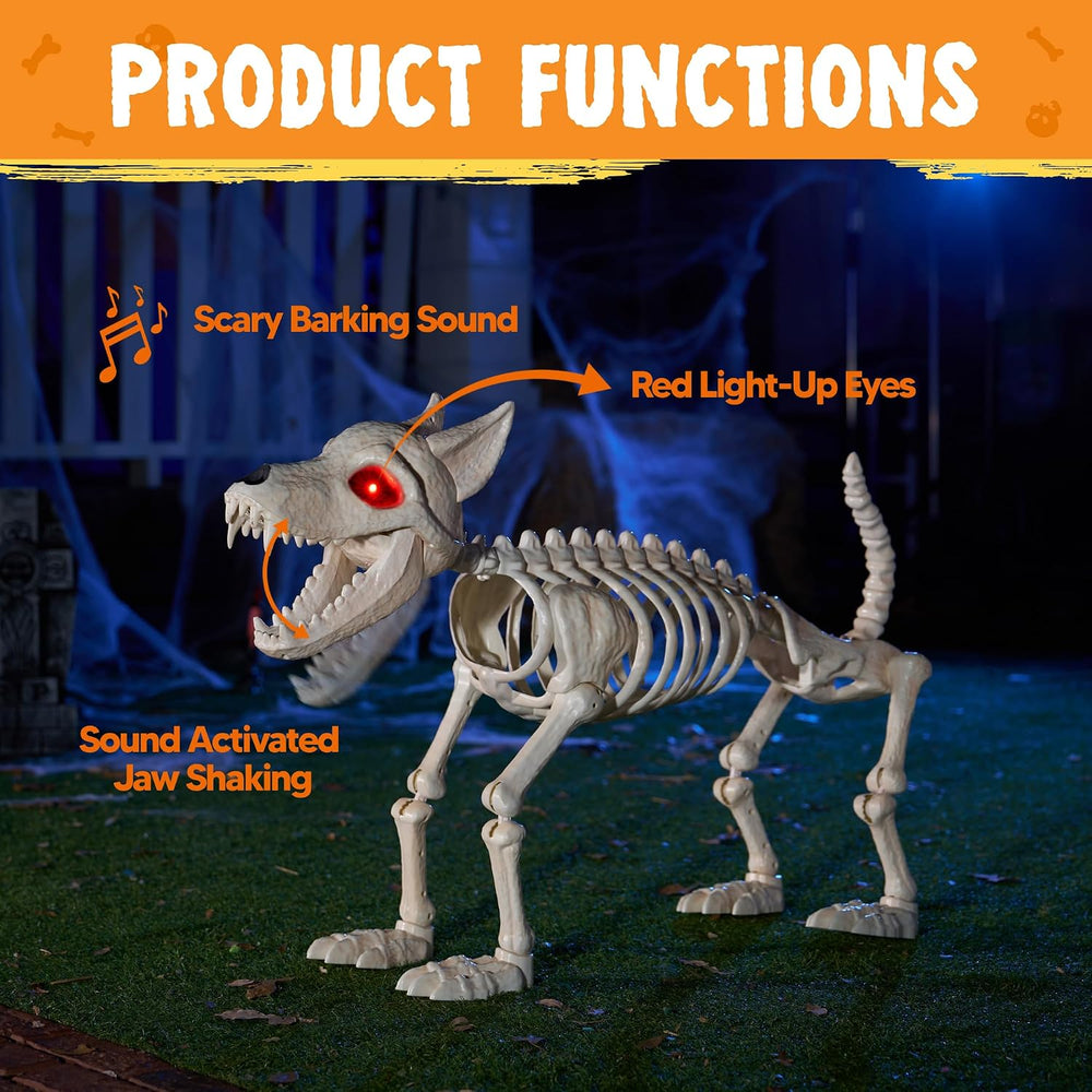 JOYIN Howling Wolf Skeletons Halloween Decorations 34โ Skeleton Dog with Red ...