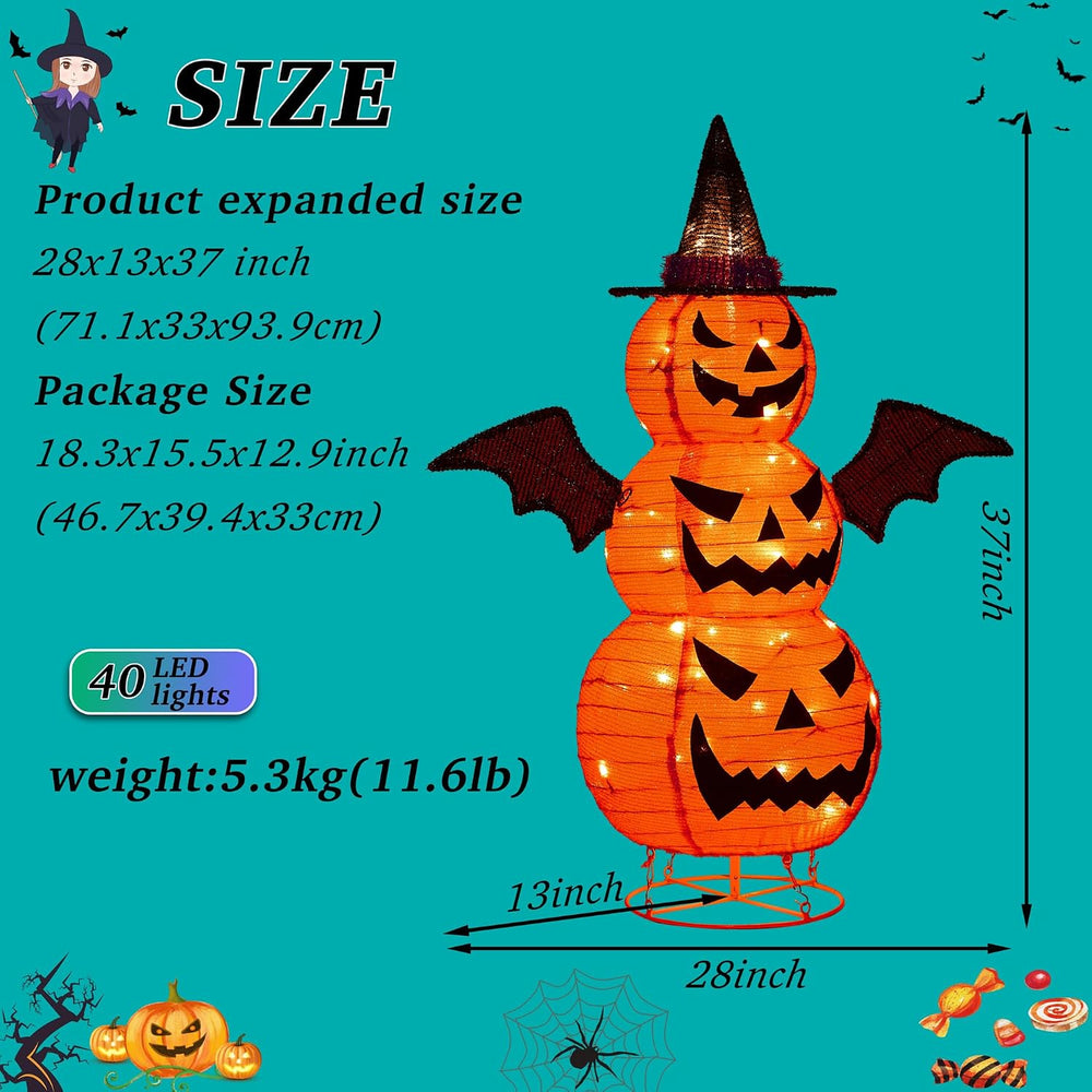 3FT-Halloween Decorations Outdoor โ 37 Inch Collapsible Pumpkin Man with 40 L...