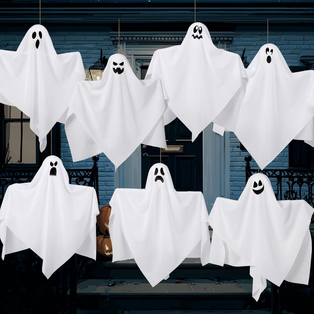 JOYIN 7 Pcs Halloween Hanging Ghost Decorations Outdoor, 19.6โ Flying White G...