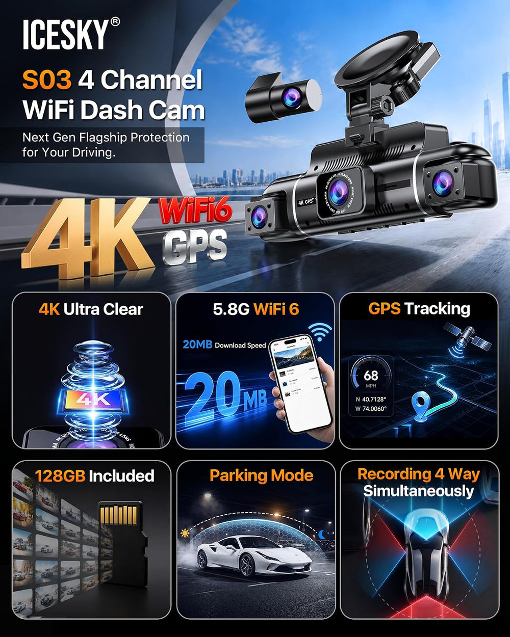 Icesky 4K Dash Cam Front and Rear Left Right with GPS, 20MB/s WiFi 6