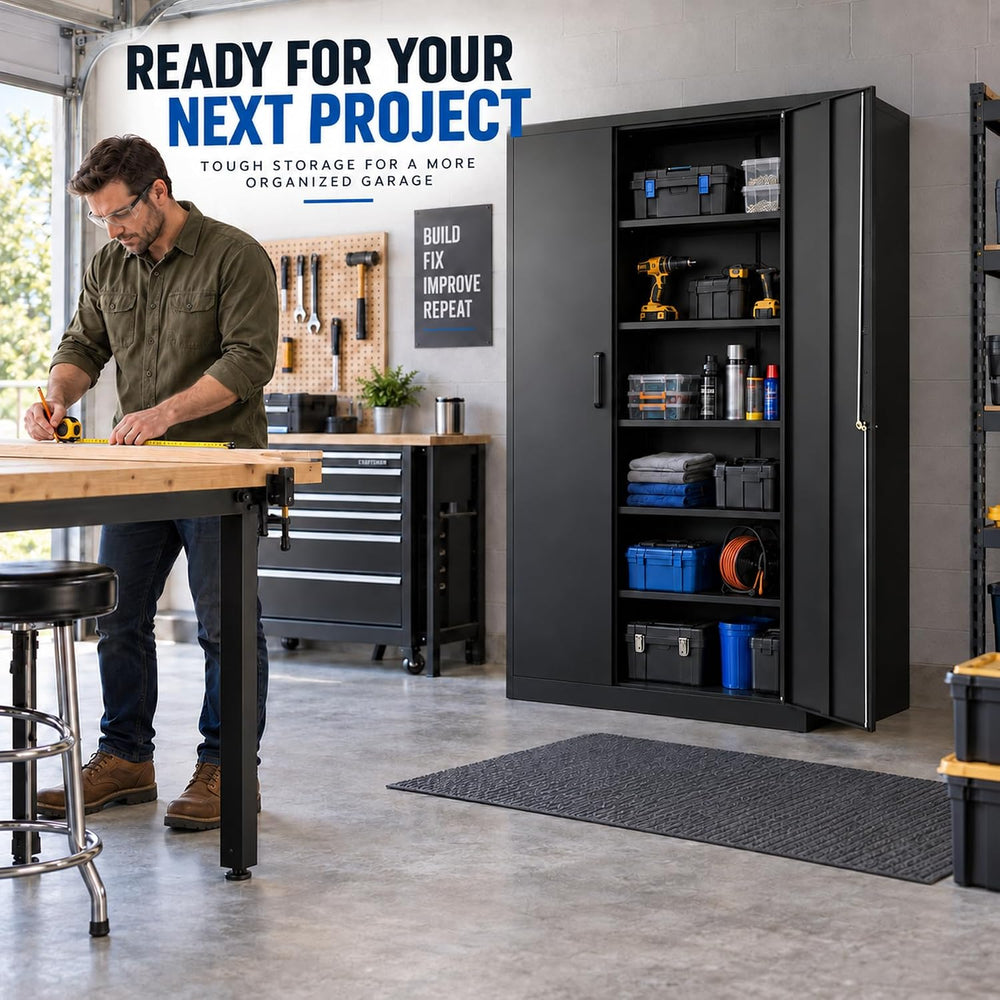 Metal Garage Storage Cabinet with Lock and 5 Adjustable Shelves, Metal Storag...