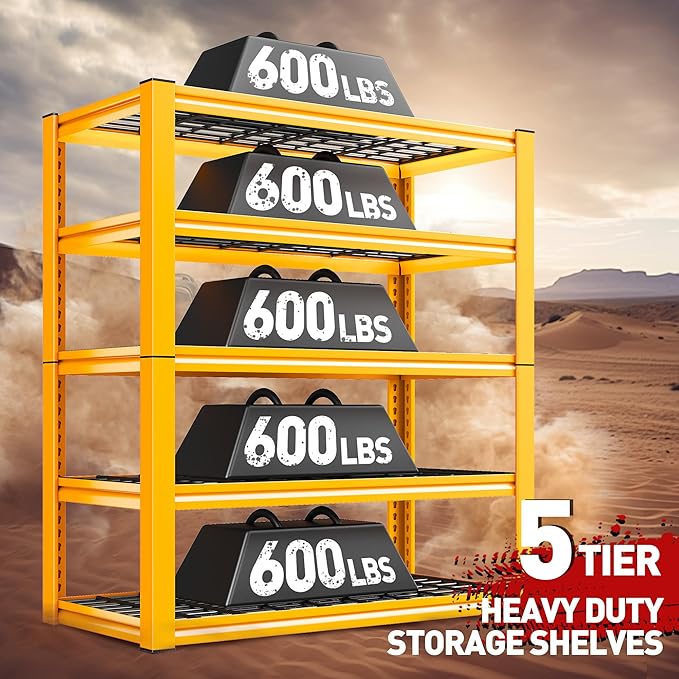 REIBII Garage Shelving Load 3000LBS, 5-Tier Storage Shelves, Adjustable Heavy