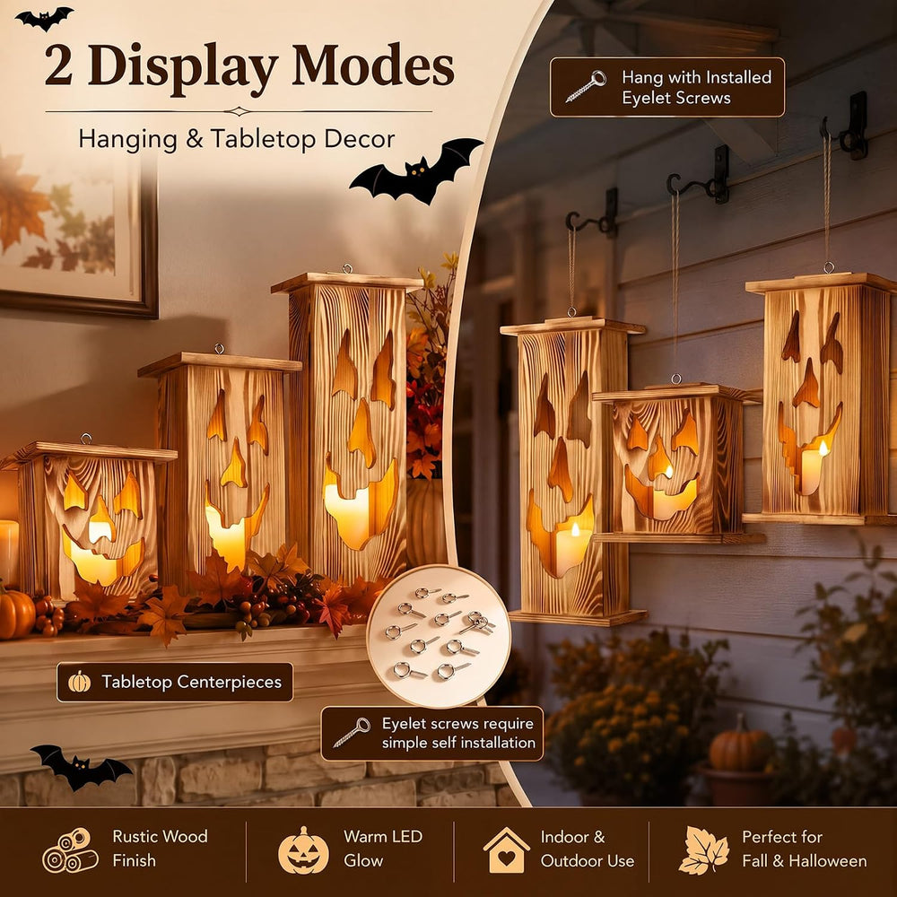 Woanger 3 Pcs Halloween Wooden Lantern Set Spooky Jack O Lantern Decor