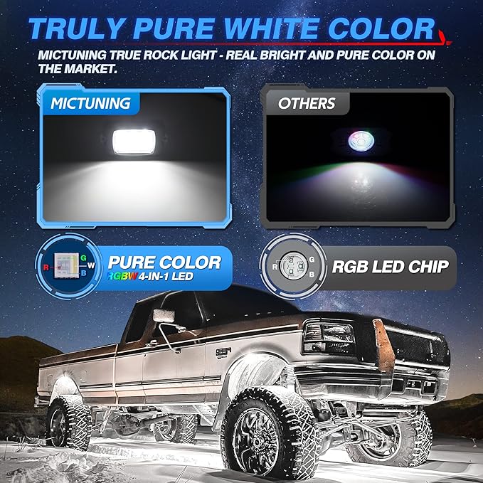 MICTUNING Q1 RGBW Rock Lights, 8 Pods Pure Color Underglow Neon Multicolor