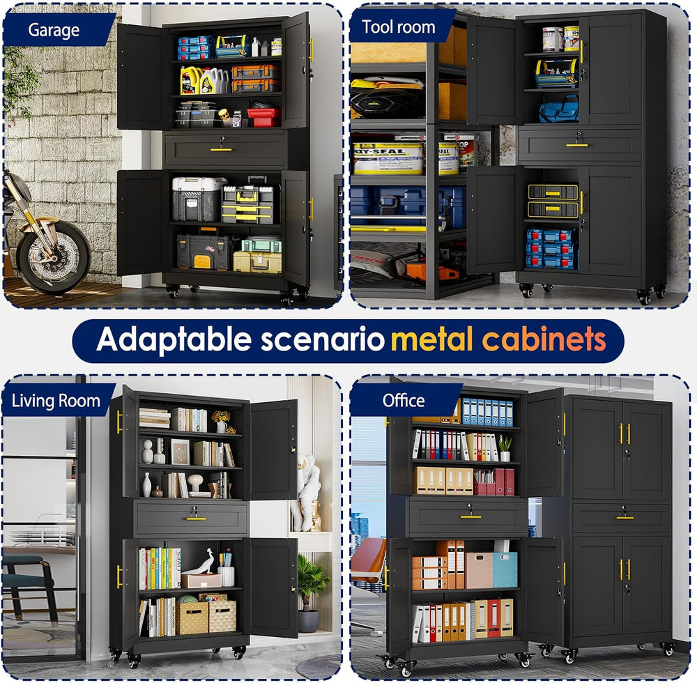 75" H Metal Garage Storage Cabinet, Rolling Tool Cabinet with 2 Doors an...