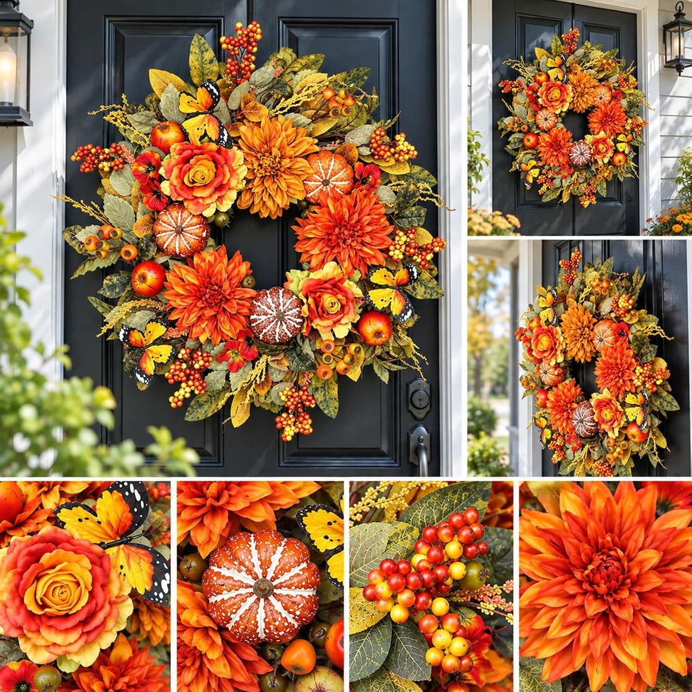 26 Inch Fall Wreaths for Front Door, Large Autumn Harvest Wreath with Pumpkin...