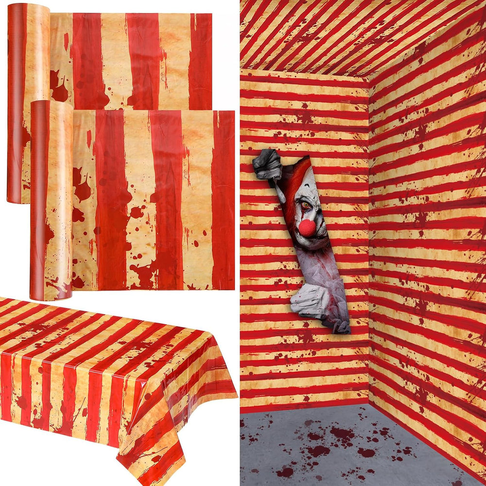 Tegeme 200 ft Creepy Carnival Tablecloth Roll, Red White Striped Halloween
