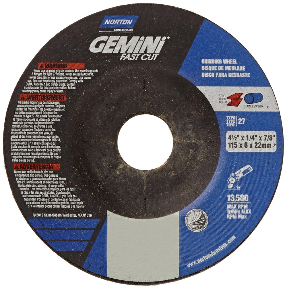 Norton Abrasives Grinding Wheel, Gemini Fast Cut Grinding Wheel, 4 1/2 for Ri...