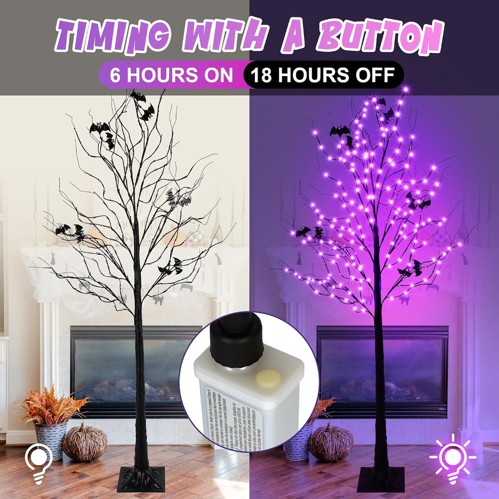 Halloween Lighted Tree with 260 LED Lights, 6FT Black Halloween Tree with Tim...