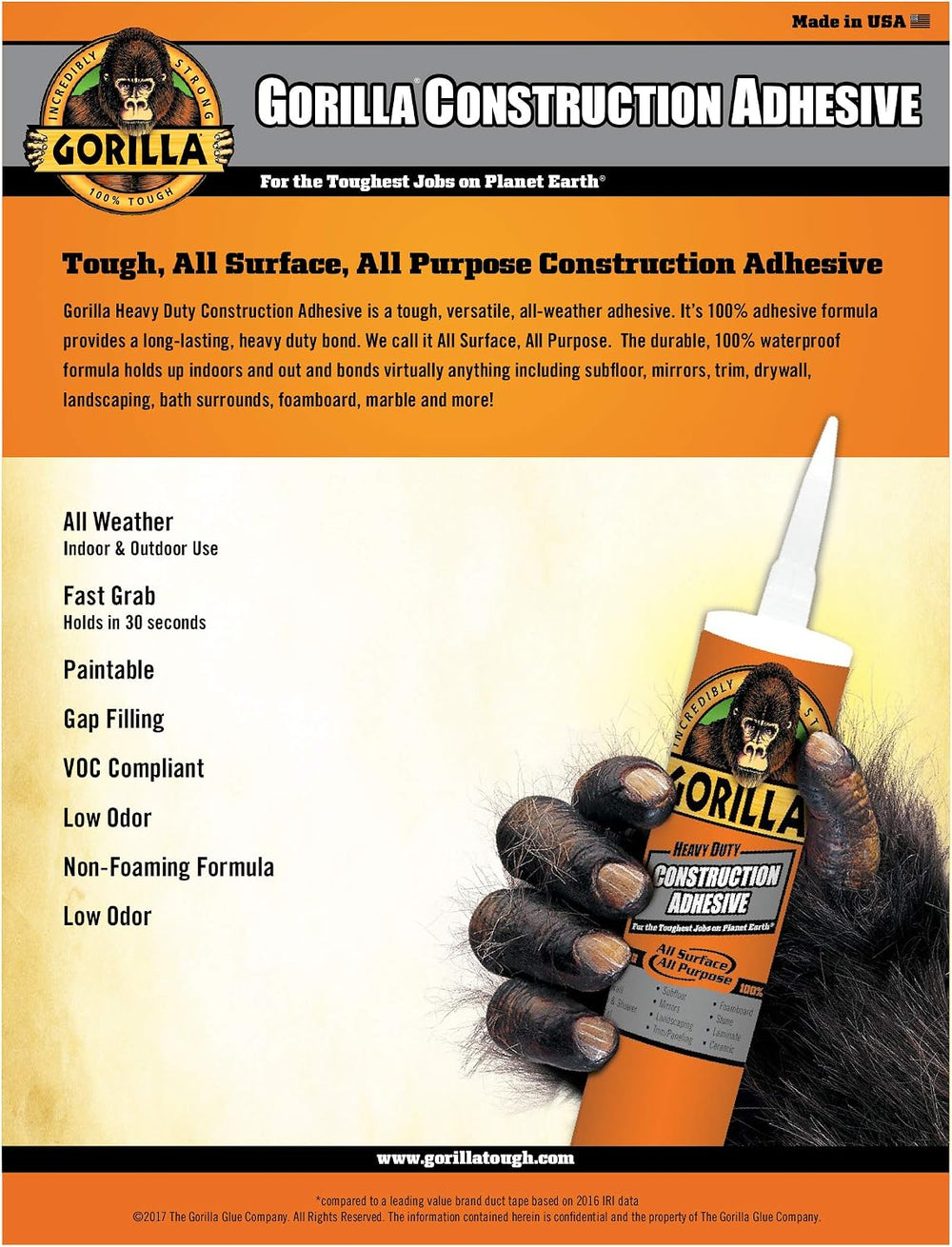 Gorilla Heavy Duty Construction Adhesive, 2.5 ounce Squeeze Tube, White, (Pac...