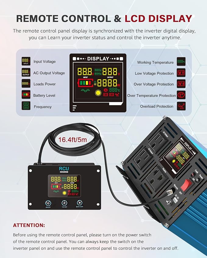 Power Inverter 2500 Watt Pure Sine Wave 12V DC to 110V/120V AC 5000W Peak
