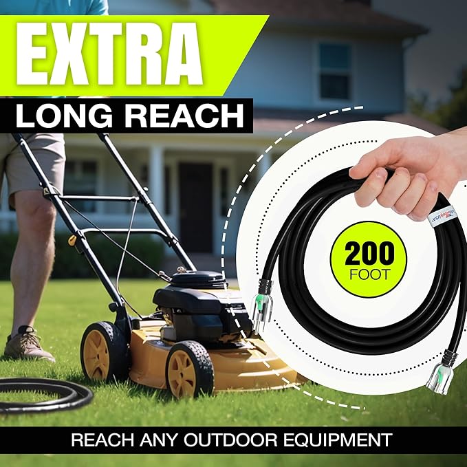 200ft Outdoor/Indoor Extension Cord 14/3 Gauge Heavy Duty 3 Prong SJTW