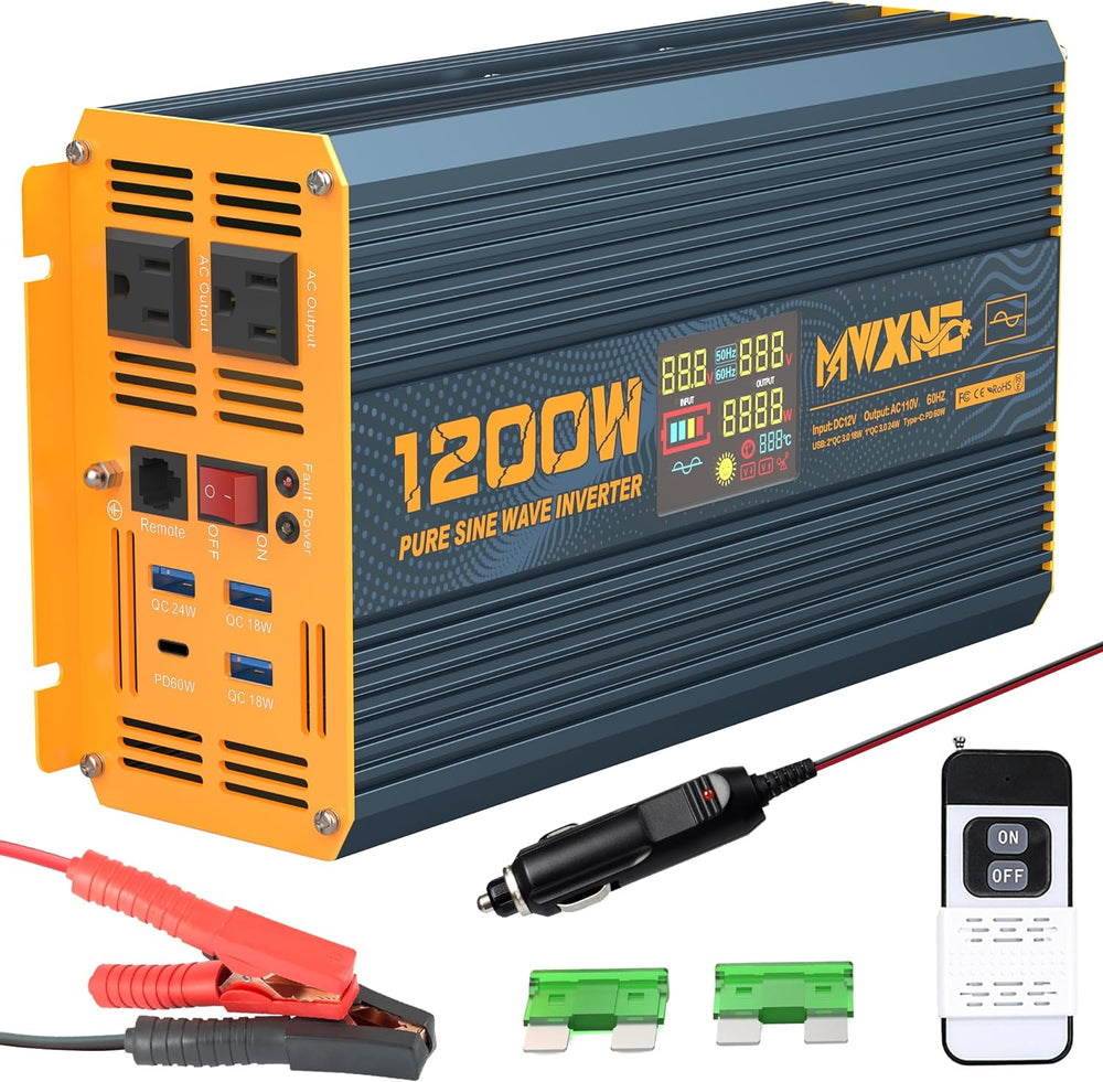 1200 Watt Pure Sine Wave Power Inverter DC 12V to 110V AC Converter with Dual...
