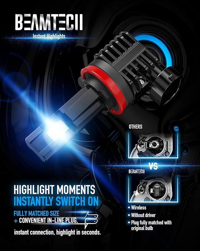 BEAMTECH H11 Bulb, H8 H9 Fog Light Bulb Fanless in Line 6500K Light Bulb Pack...