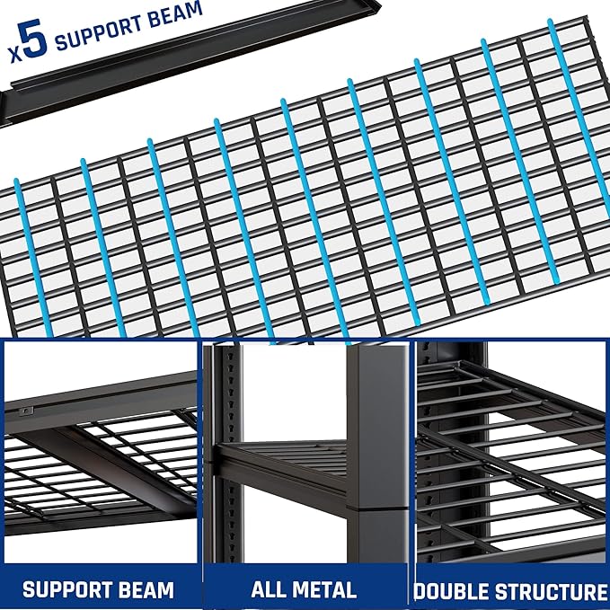 67" W Garage Shelving Heavy Duty, Adjustable 5 Tier Metal Shelves, Comme...