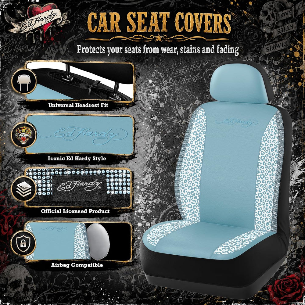 ED HARDY Car Seat Covers, Blue Leopard Print with Blue Rhinestone Trim, Styli...