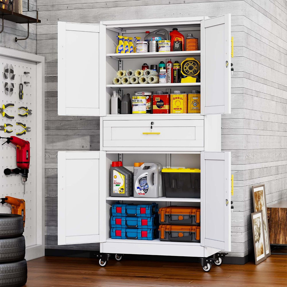 74" White Lockable Rolling Metal Garage Storage Cabinet