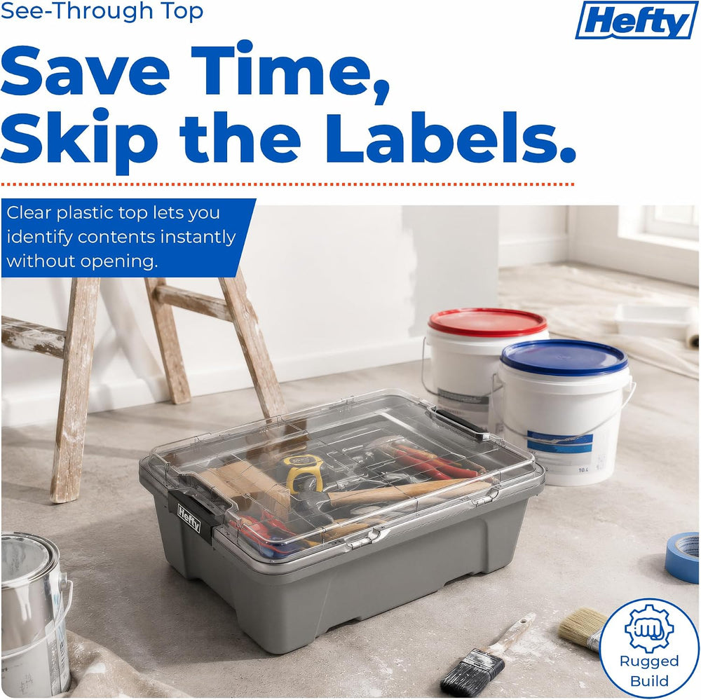 Hefty MAX Pro 12 Gal Storage Bins with Clear Lids, Stackable, 6 Pack, Grey