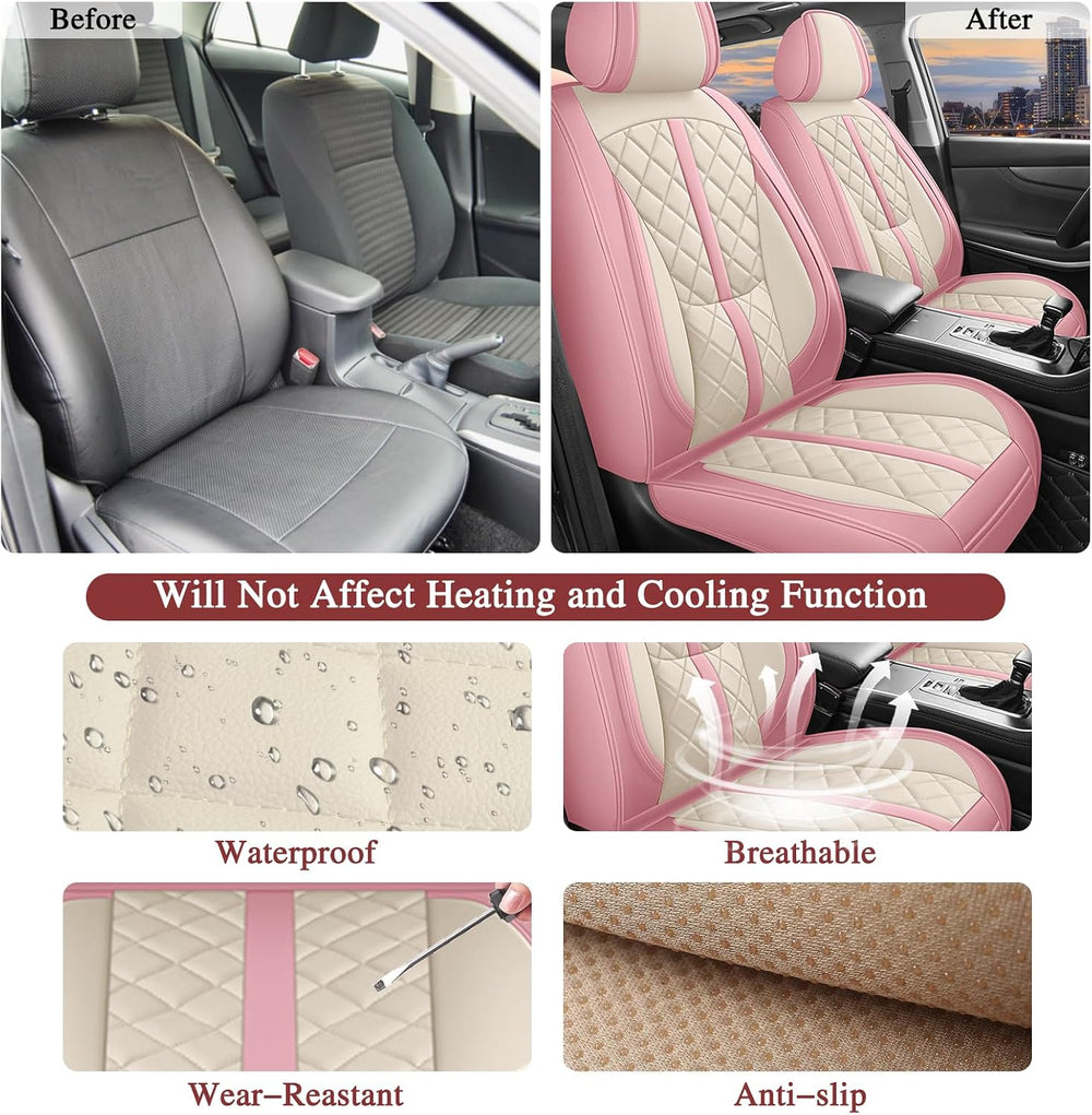 otoez Pink Car Seat Covers Full Set, Universal Leather Seat Cover 5 Seat Wate...
