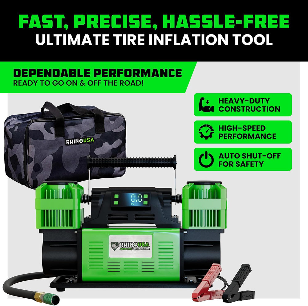 Rhino USA Dual Tire Air Compressor - 12V Portable Pump with Pressure Gauge