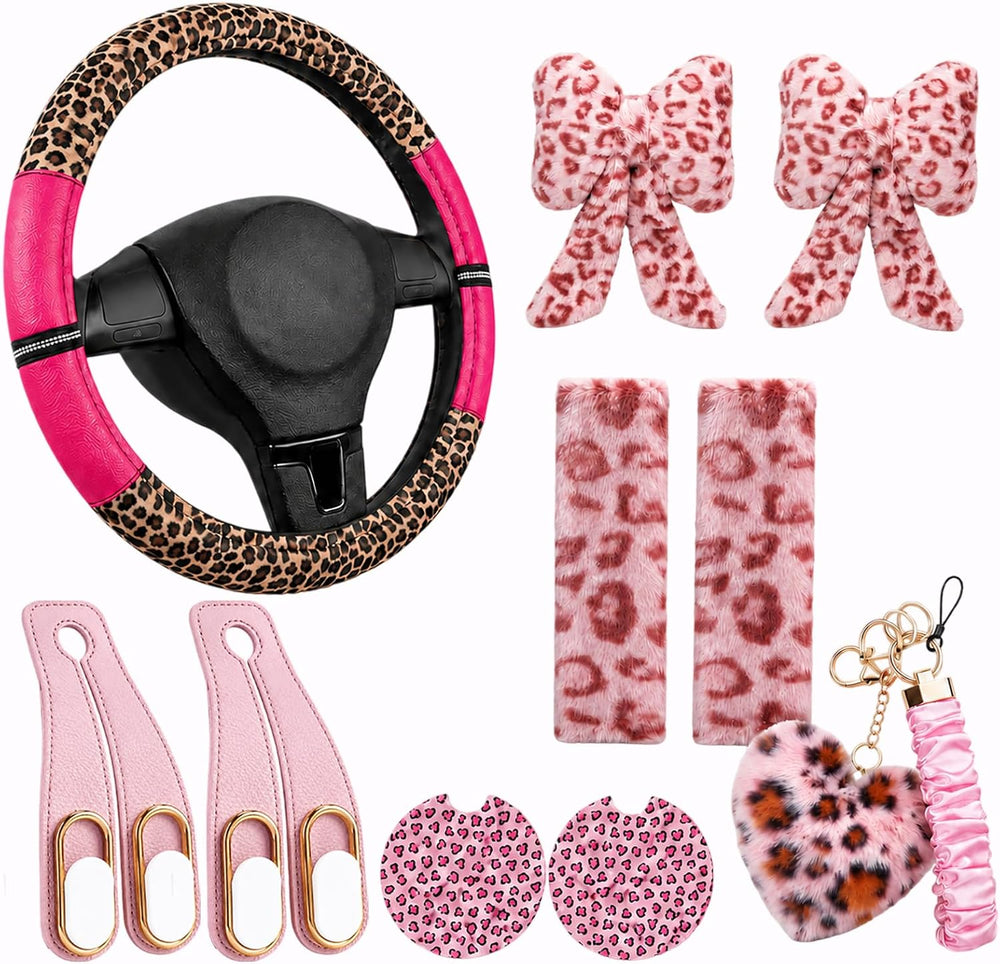 10PCS Pink Leopard Print Car Accessories for Women, Cute Cheetah Print Set wi...