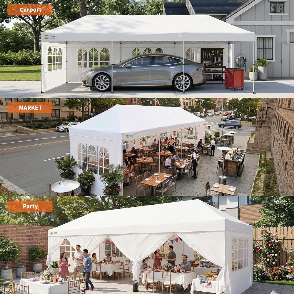 CROWN SHADES 10X30 Pop Up Canopy Tent with Sidewalls, Instant Setup, White