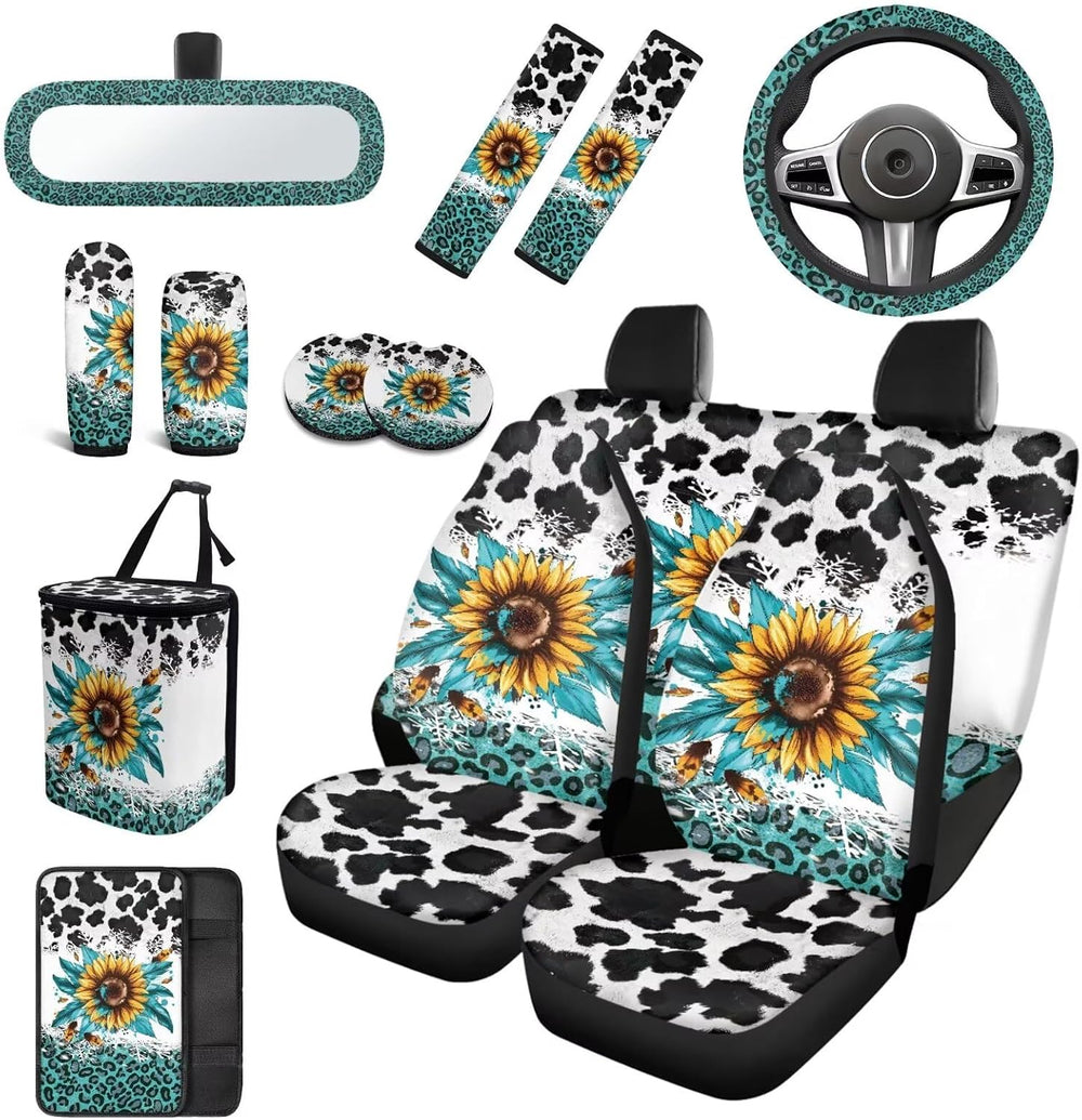 14Pcs Sunflower Cow Print Car Accessories Full Set for Women Man,Sunflower Ca...