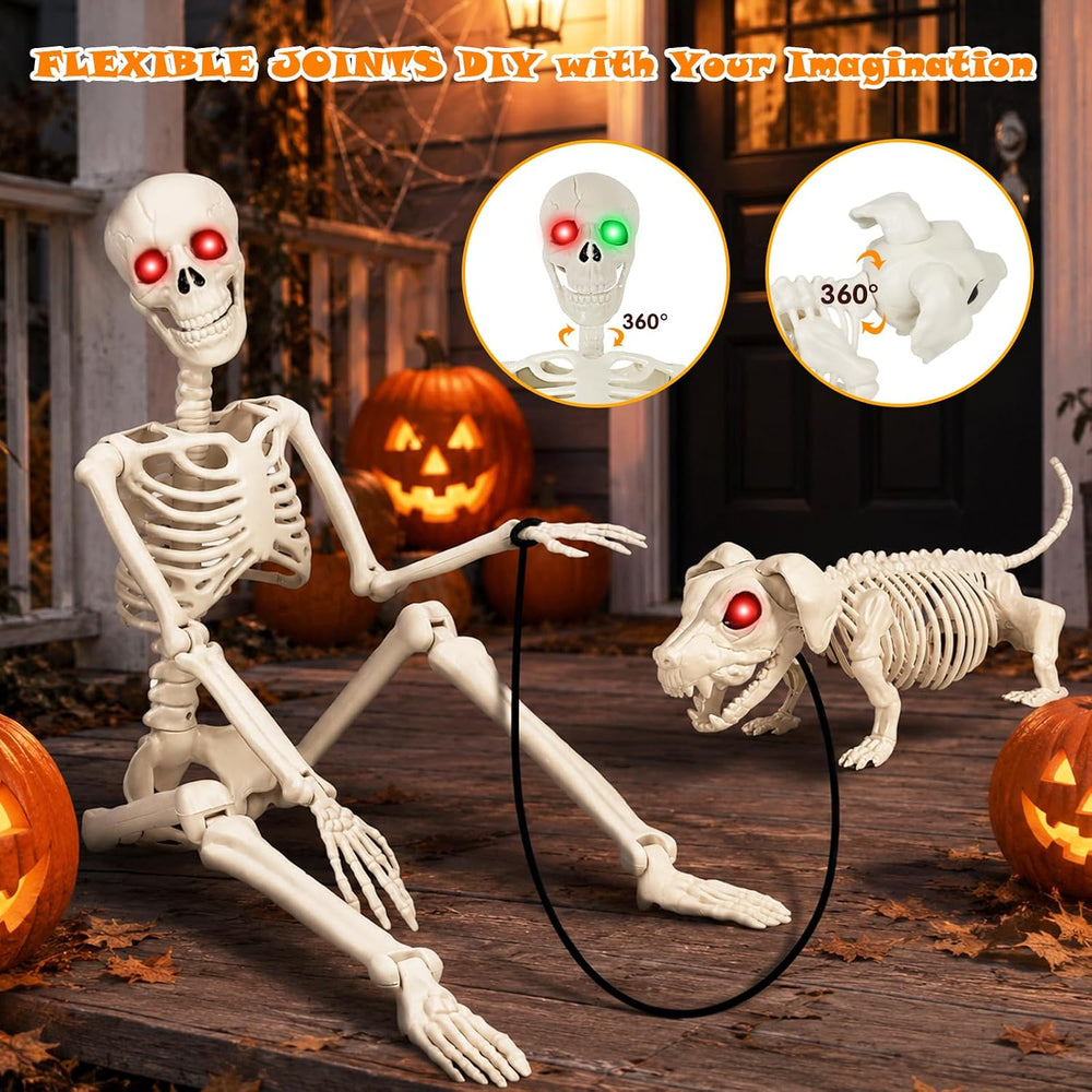 36'' Halloween Skeleton Decoration with Dog: Posable Skeleton Glowing...