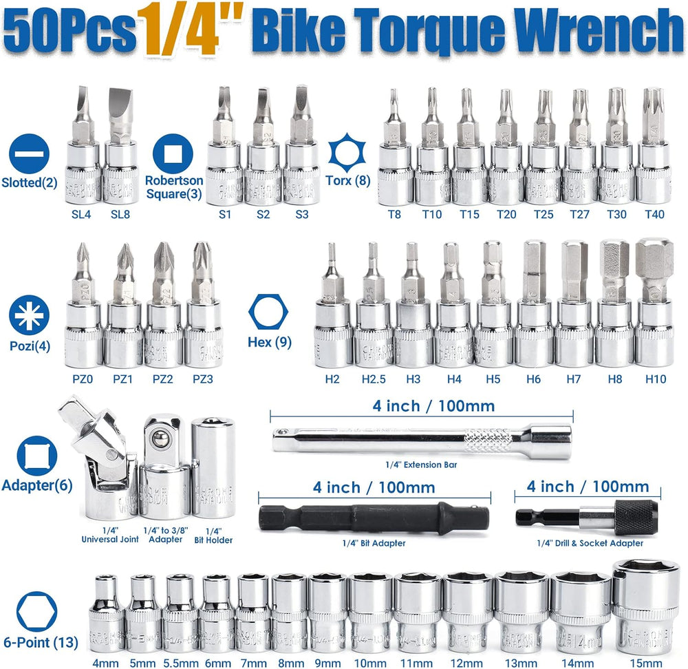 50Pcs Master Bike Torque Wrench Set, 1/4 Inch Drive, 10-230 IN.LB (1-26.0 Nm)...
