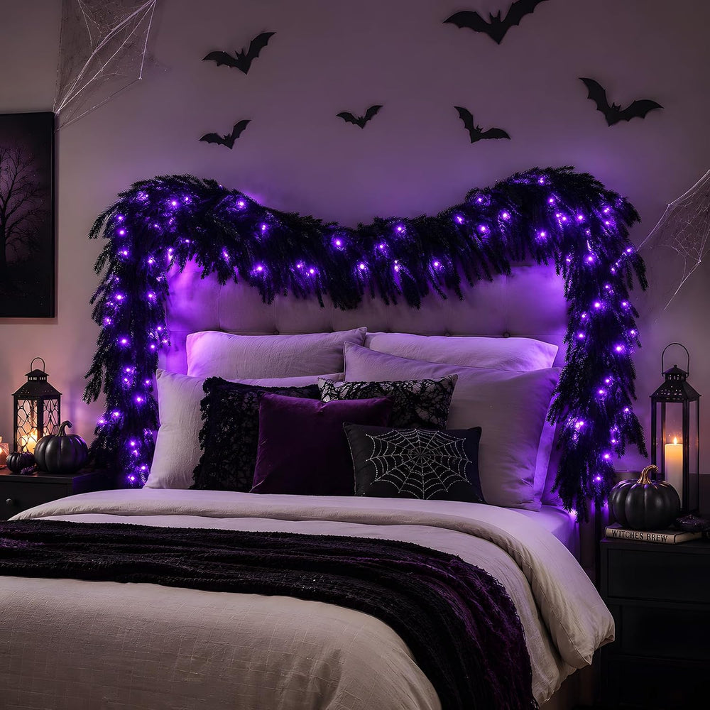 N&T NIETING 9FT Black Halloween Pre-Lit Garland with 70 LED Lights Real T...