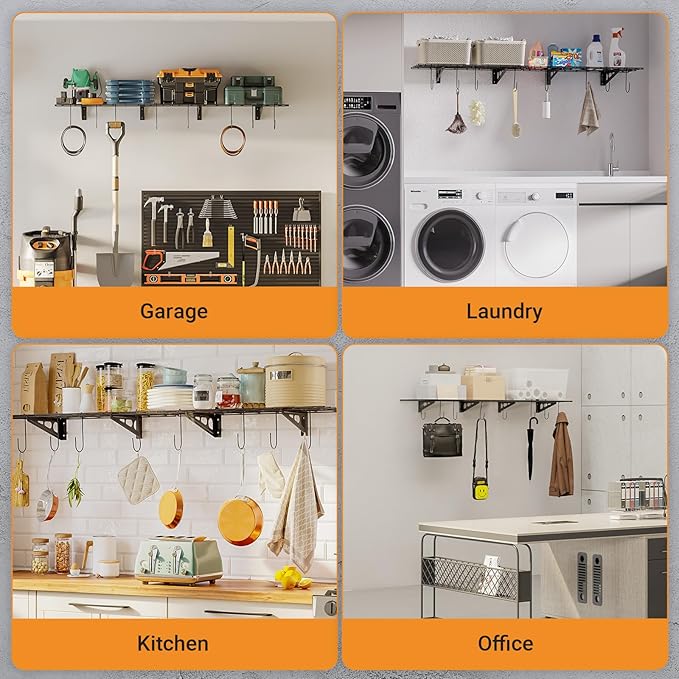 1x3 ft Garage Shelving with 8 Bike Hooks, Pantry Storage, 300 lbs Total Load ...