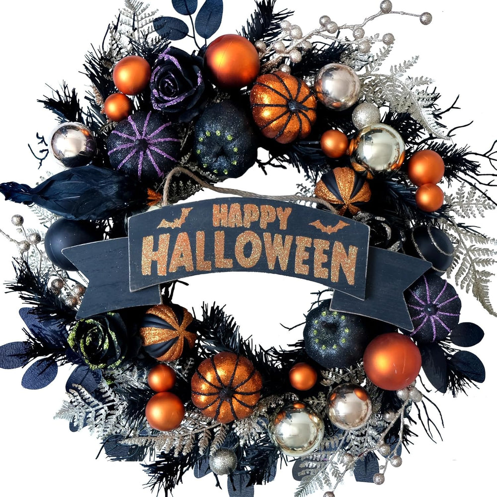 24โ Halloween Black Glitter Pumpkin with Balls Wreath for Front Door