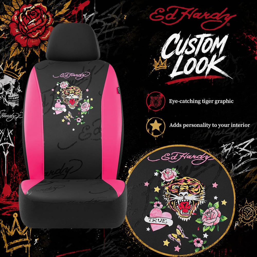 ED HARDY Tiger Print Car Seat Covers, Hot Pink Premium Leather Front Seat Cov...