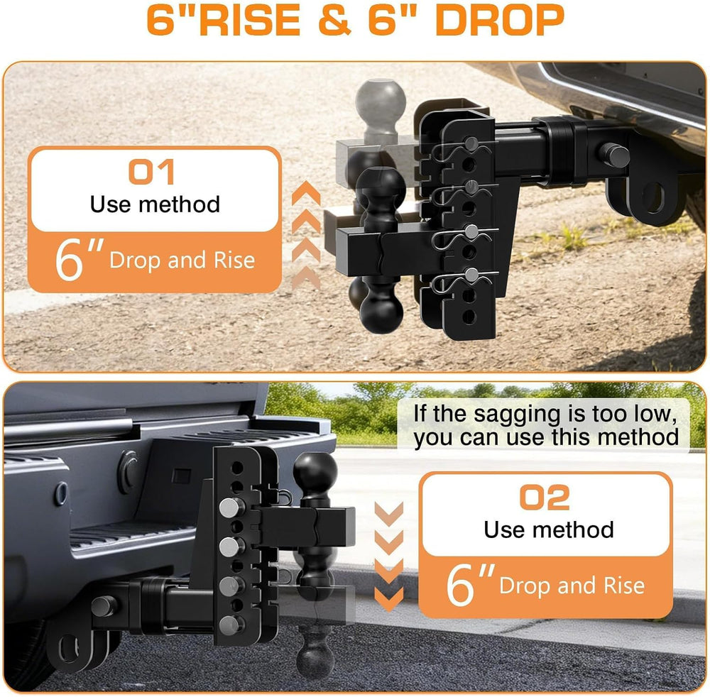 Adjustable Trailer Hitch for 2 Inch Receiver - 6 In Rise/Drop