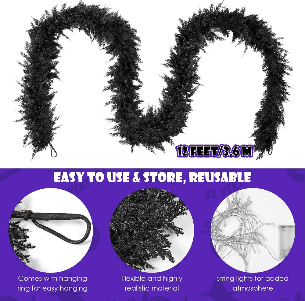 Fovths 12 Ft PreโLit Black Halloween Garland, Artificial Cedar Vine Decor