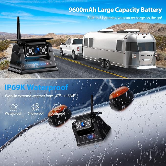 3 Magnetic Solar Wireless Backup Camera HD1080P Loop Recording 10.1 Inch